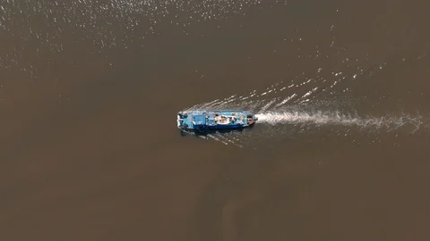 Boat on river. Aerial view. Video stock 91945636