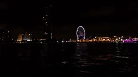 On the boat in river city night view Stock Footage 84469070