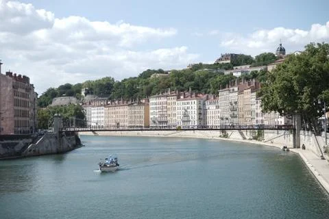 Boat on a river in lyon 스톡 사진