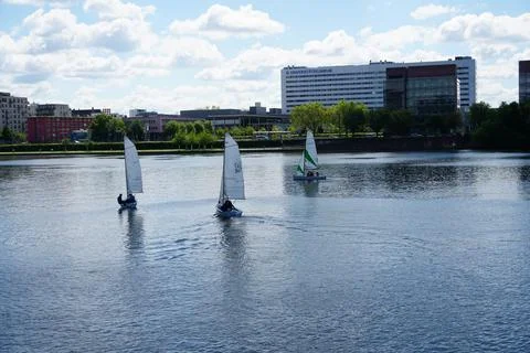 Boat on river Main, West Harbor Frankfurt am Main 2021 Stock Photos