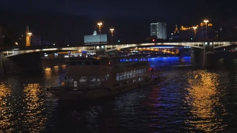 Boat on the river the night Stock Footage 81318337