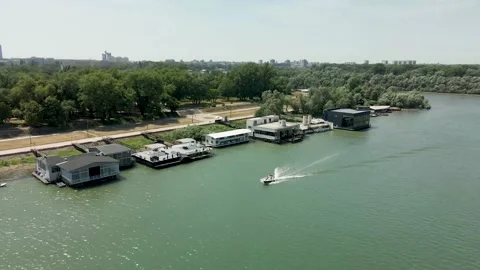 Boat on the River Sava tracking shot Stock Footage 235941882