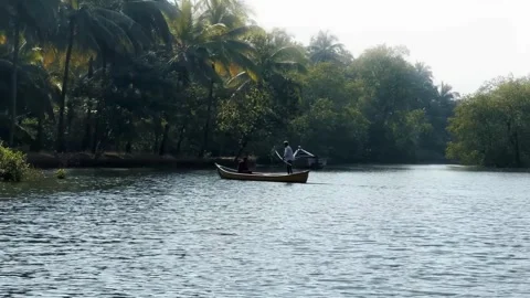 Boat on the river, Two mens on paddle boat, Green trees near lake. Stock Footage 287750348