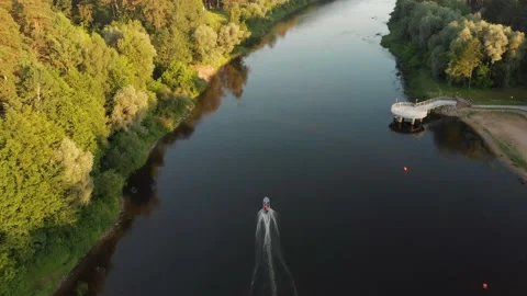 Boat on the river view from the drone Stock Footage 133739872