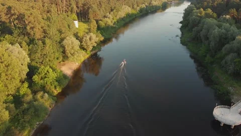 Boat on the river view from the drone Stock Footage 133739875