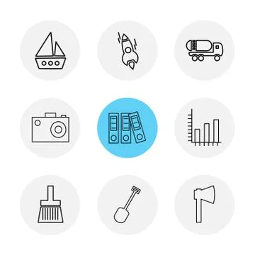 Boat , rocket,  camera , spade , brush , transport , travel  ,transportation  Stock Illustration