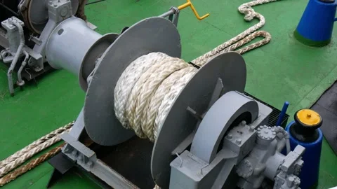 Boat rope winding machine at the head and stern of the boat. Intended for w.. Stock Footage 237806906