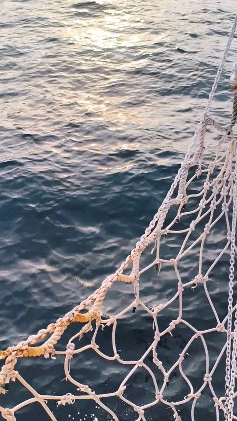 Boat safety netting above deep blue ocean water Stock Footage 340533347