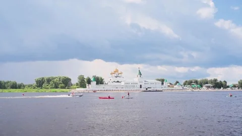 The boat is sailing along the river Video stock 327984947