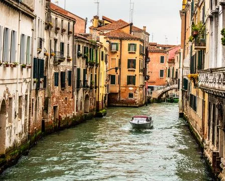 Boat Is Sailing Down Old Canal Stock Photos