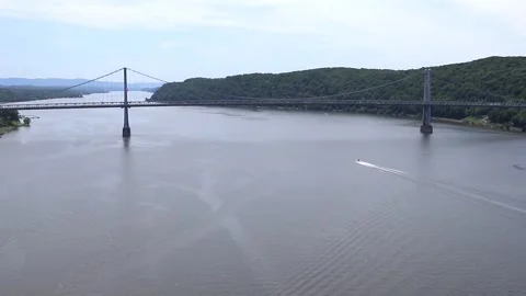 Boat sailing on hudson river with view of mid hudson bridge distant mountains Stock Footage 278054219