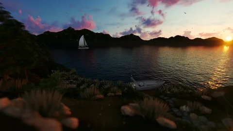 Boat sailing on lake surrounded by mountain against beautiful sunset 스톡 동영상 114801616
