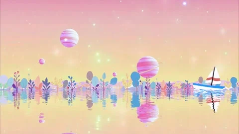 Boat sailing with planets in water reflection animation Stock Footage 298136409