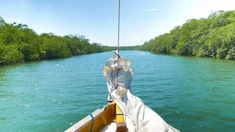 Boat Sailing on a River Stock Footage 74159867