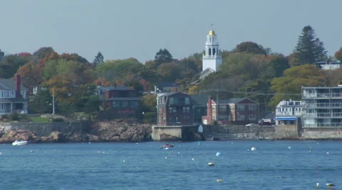Boat Sailing With Tower In Background Stock Footage 888559