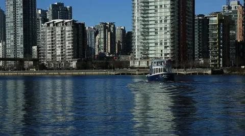 Boat sailing, Vancouver downtown False creek, sunny day Stock Footage 58927295