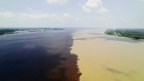 The boat sails on the border of two rivers of the Amazon. The confluence of two Stock Footage 164113881