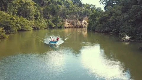 Boat sails on a river Stock Footage 100762391