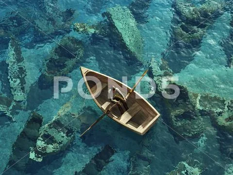 Boat sails through the graveyard of sunken boats Stock Illustration