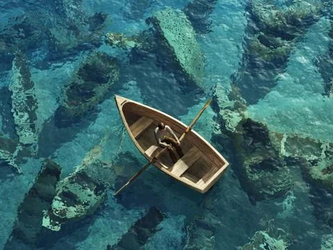 Boat sails through the graveyard of sunken boats Stock Illustration