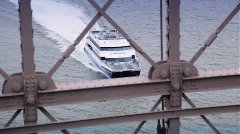 Boat Seen under The Brooklyn Bridge, New York Stock Footage 24407299