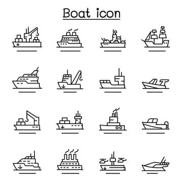 Boat, Ship icon set in thin line style 스톡 일러스트