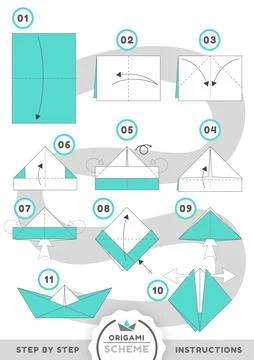 Boat ship origami scheme tutorial moving model Stock Illustration