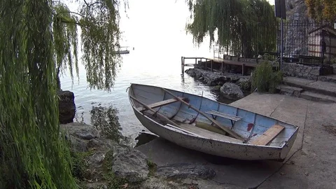 Boat on shore of Lake Ohrid, Macedonia Stock Footage