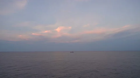 Boat Silhouettes while refill fuel at Sunset Over Sea.Orange Red Color Sunrise d Stock Footage 160674063