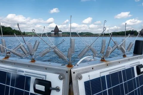 A boat with a solar panel on the side Stock Photos