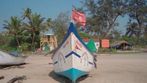 The boat stands on the beach, india, background Video stock 225310071