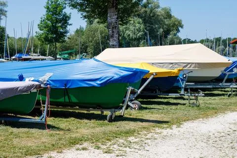 Boat storage facility. power boats shrink wrapped Stock Photos