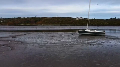 Boat Stuck on Sandbar in Low Flow River.Ireland. Cork. Aerial Drone. Stock-Footage 232298644