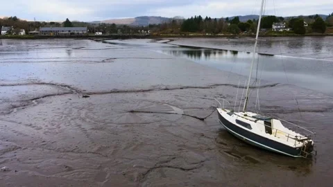 Boat Stuck on Sandbar in Low Flow River.Ireland. Cork. Aerial Drone. Stock Footage 232298674