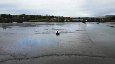 Boat Stuck on Sandbar in Low Flow River.Ireland. Cork. Aerial Drone. Stock Footage 232298722