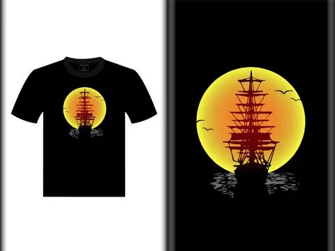 Boat on Sunset Vector T-Shirt Design Stock Illustration