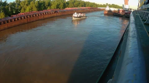 THe boat taking away the workers from the floating crane on the river of Stock Footage 165423680