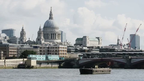 Boat on the Thames River. St. Paul's Cathedral Behind Stock Footage 83644636