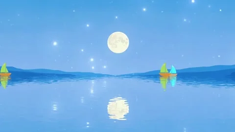 Boat time: night time sky with boats, moon out, tranquility, water Stock Footage 307001450