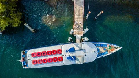 Boat Top down aerial view on the Lake Maggiore Stock Photos