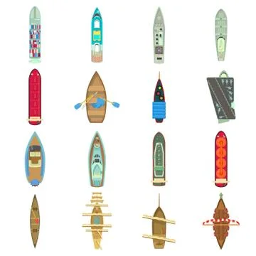 Boat top view above over icons set, cartoon style Ilustração Stock