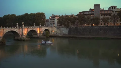 Boat with tourists floats on the river Tiber, Rome, Italy Stock Footage 131120153