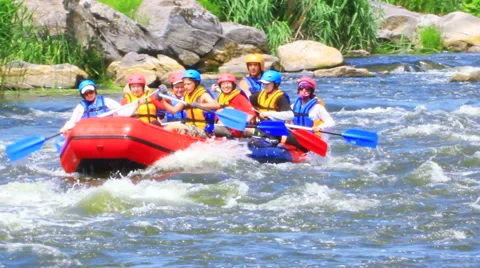 Boat with tourists on rough river close up. Rafting team   Stock-Footage 51246427