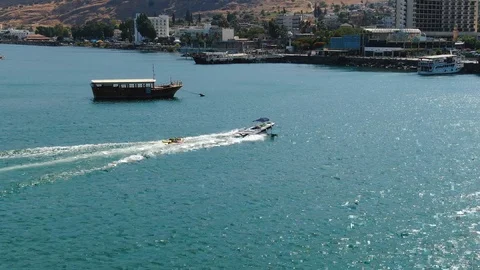 Boat Tows Water Sofa Stock Footage 125852892