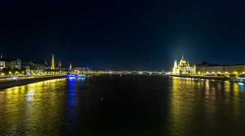 Boat traffic on river Danube in Budapest by night Video stock 53790476