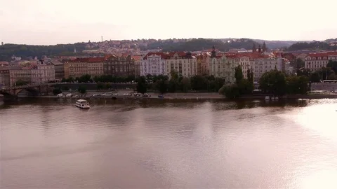 Boat turning around on Vltava river in Prague Stock Footage 82707780