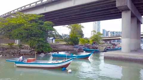 Boat under bridge, Drone Shot with 4K Stock Footage 137355076