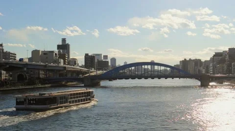 Boat Under Bridge in Tokyo Stock Footage 60003394