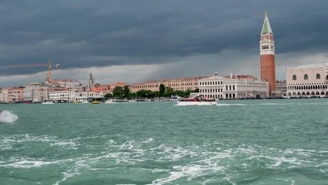 Boat view sailing through Venice lagoon in stormy weather overcast Stock Footage 332305447