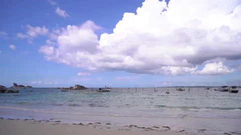 Boat view of sandy tropical beach in Belitung Island Stock Footage 203759877